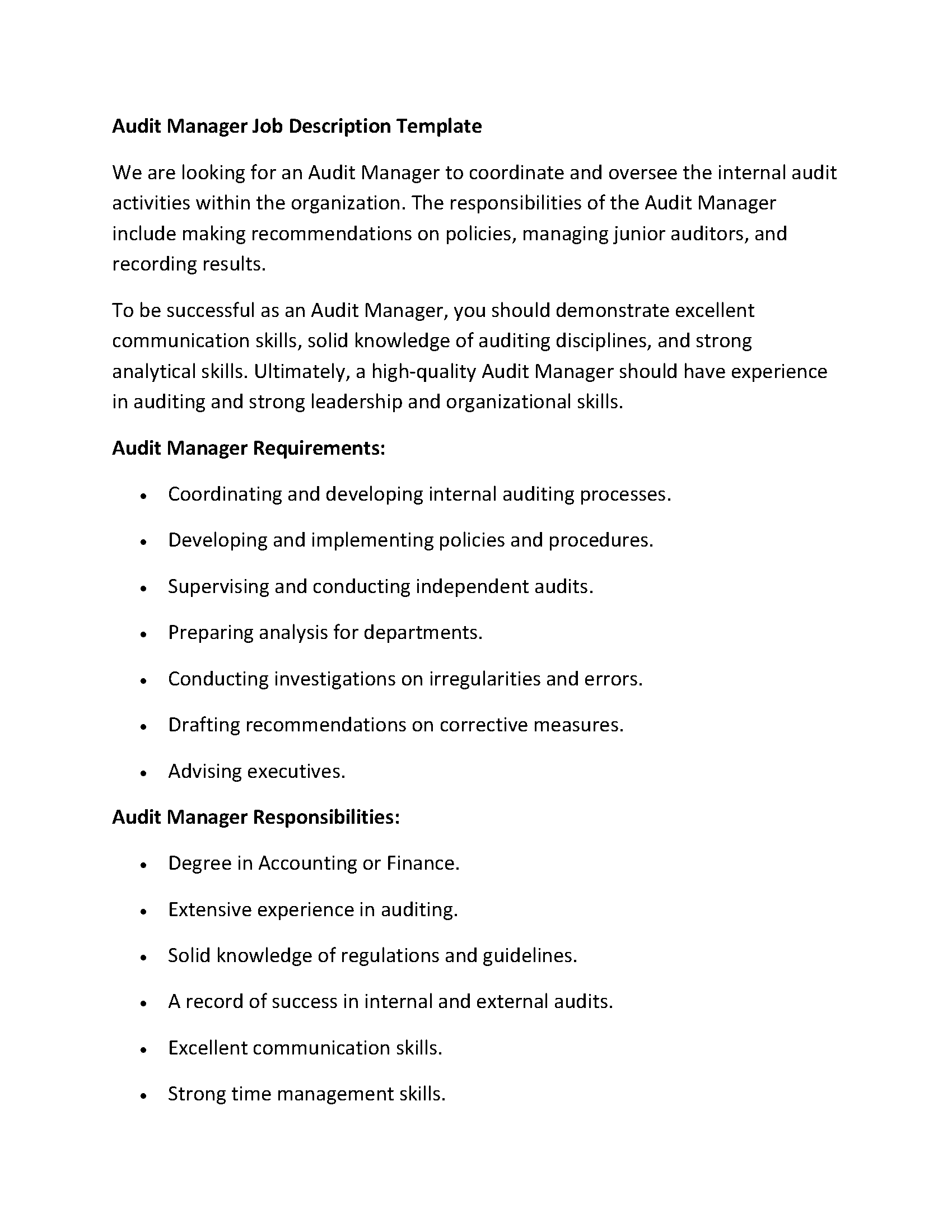 Audit Manager Job Description Template